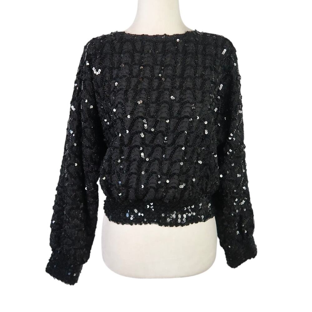 Vintage 80s Caron Black Sequin Beaded Party Blouse Top 6